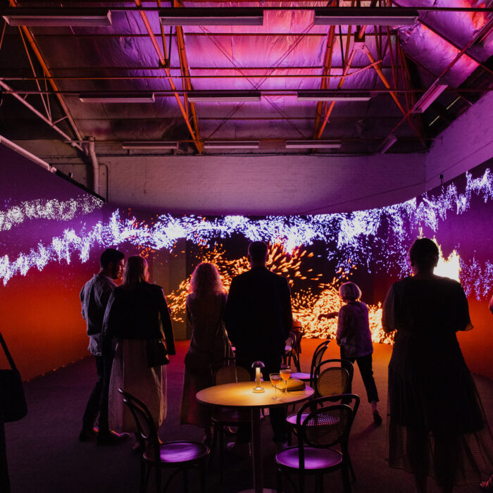The Light Room at ILA, Adelaide's Centre of Immersive Light and Art. A group of people standing in front of 150sqm of LED screens in The Light Room Studio with interactive digital artworks displayed